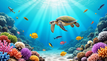 Serene sea turtle swimming among vibrant coral reefs, underwater paradise