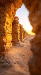 Golden Desert Sunset Illuminating Sandstone Formations Dunes Nature Photography Serene Environment Captured Viewpoint