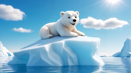 A white polar bear sitting on top of an iceberg.