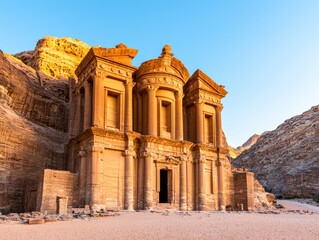 Fototapeta premium Majestic Petra Monastery Ancient Architectural Wonder in Jordan's Stunning Landscape Captured at Dawn
