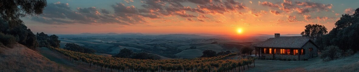 Fototapeta premium Sunset Over Vineyard and Mountain Range with a Cozy Cabin