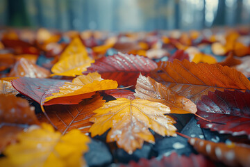 Autumn's Colorful Carpet: A close-up shot of vibrant, fallen leaves in shades of red, orange, and yellow, creating a stunning mosaic on the ground.