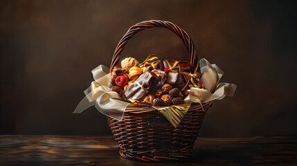 Elegant Autumn Gift Basket with Assorted Luxury Chocolates and Seasonal Decor on Rustic Wooden Table
