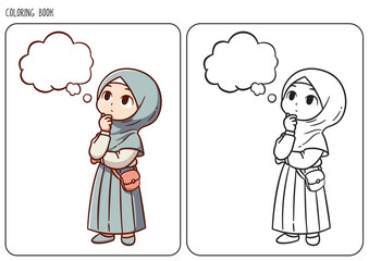Illustration of a muslim girl in hijab outfit thinking, with a blank speech bubble. Includes colored and line drawing versions, perfect for children's coloring books and educational purposes