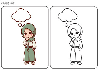 Illustration of a muslim girl in hijab outfit thinking, with a blank speech bubble. Includes colored and line drawing versions, perfect for children's coloring books and educational purposes