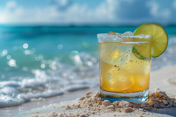 Tropical Refreshment on the Shore: A refreshing cocktail, complete with a lime wedge and a salted rim.