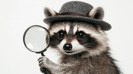 Obraz premium Funny raccoon detective sporting a hat and magnifying glass humorously investigates from a white background. Generative AI