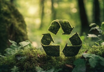 Moss-covered recycling symbol in a tranquil green forest promoting eco-friendly values and nature conservation. Generative AI
