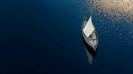 Aerial View Of A Traditional Wooden Dhow Sailing Boat With White Sail On Deep Blue Water Zanzibar