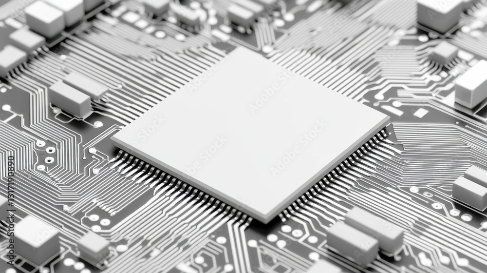 Poster close-up view of a blank microchip on circuit board background