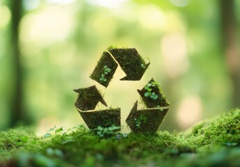 Naklejka premium Moss-covered recycling symbol stands amidst vibrant greens in a tranquil forest, celebrating nature’s harmony and sustainability. Generative AI