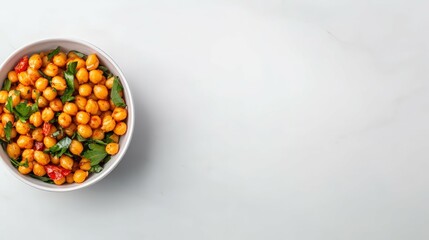 Fototapeta premium Spicy roasted chickpeas with herbs and cherry tomatoes in white bowl on light background