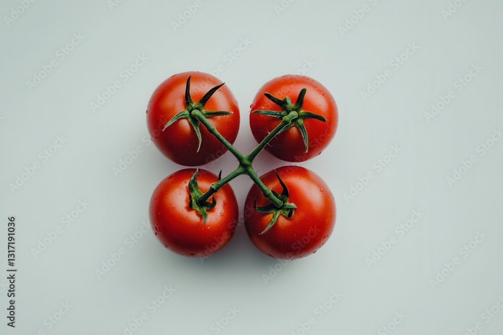 Poster four fresh red tomatoes arranged in a square pattern on a light background, showcasing vibrant color