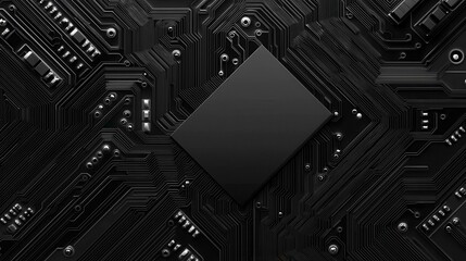 Black Circuit Board with Central Processor and Electronic Elements