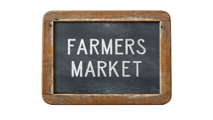 Obraz premium Farmers market chalkboard sign with rustic wooden frame, inviting shoppers