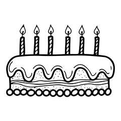 Birthday cake with candles. Hand drawn doodle. Festive sweet dessert. Pastry with cream. Bakery. Confectionery. Delicious holiday food. Vector line art illustration.