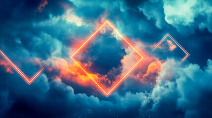 Abstract futuristic background featuring neon geometric shapes and stormy clouds in a night sky, with a rhombus frame and ample copy space for text
