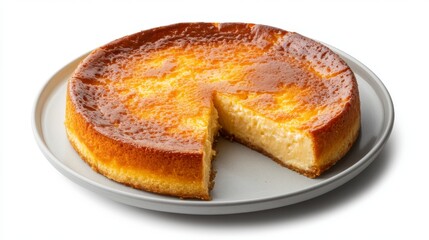 flan cake on a white plate on a white background 