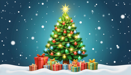 Festive Christmas tree decorated with lights and gifts in snow, holiday cheer