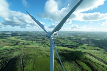 A wind turbine's majestic blades gracefully rotate above a picturesque green landscape under a vibrant blue sky.