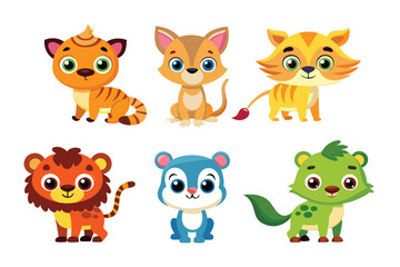 Fototapeta premium Colorful set of little cartoon animals, Animals riding on swings, forest animals with large eyes, Various monsters by hand drawn