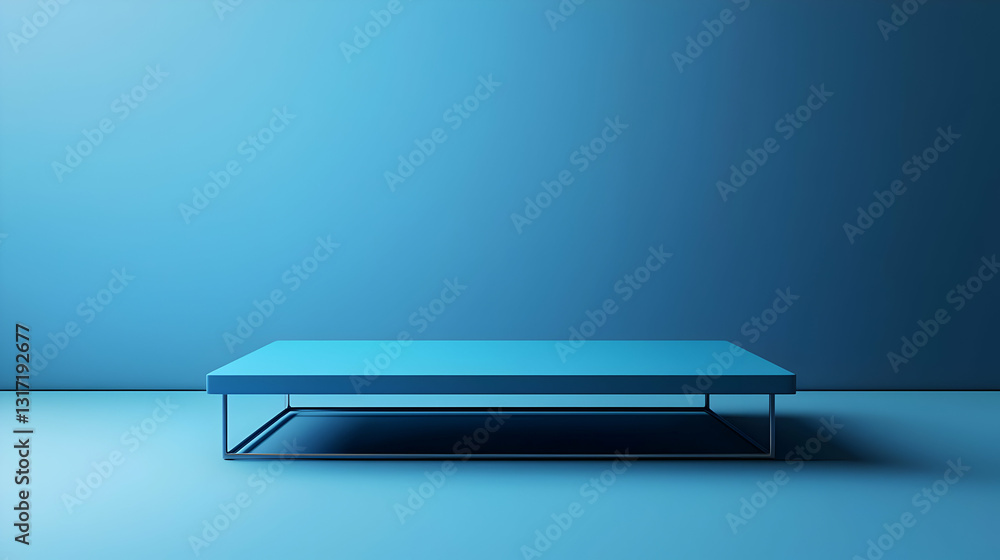 Poster elevated modern blue platform in minimalist room setting ideal for product placement on empty stage
