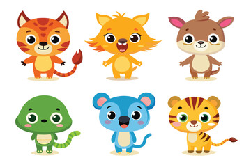 Colorful set of little cartoon animals, Animals riding on swings, forest animals with large eyes, Various monsters by hand drawn