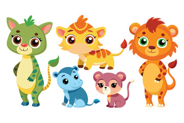 Naklejka premium Colorful set of little cartoon animals, Animals riding on swings, forest animals with large eyes, Various monsters by hand drawn