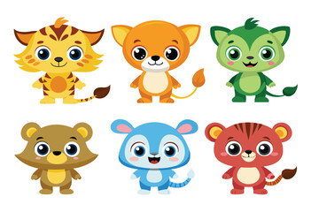 Fototapeta premium Colorful set of little cartoon animals, Animals riding on swings, forest animals with large eyes, Various monsters by hand drawn