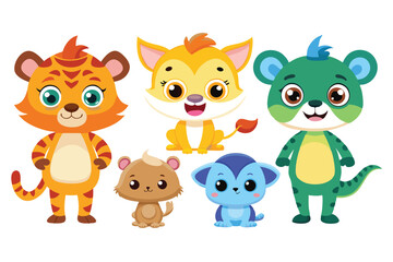 Naklejka premium Colorful set of little cartoon animals, Animals riding on swings, forest animals with large eyes, Various monsters by hand drawn