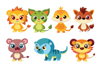 Fototapeta premium Colorful set of little cartoon animals, Animals riding on swings, forest animals with large eyes, Various monsters by hand drawn
