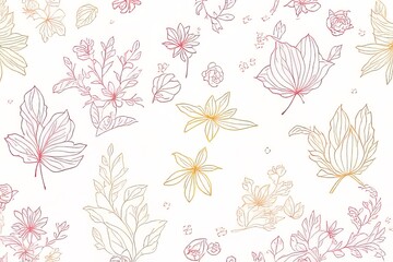 Delicate Floral and Botanical Line Art Pattern in Pink and Gold