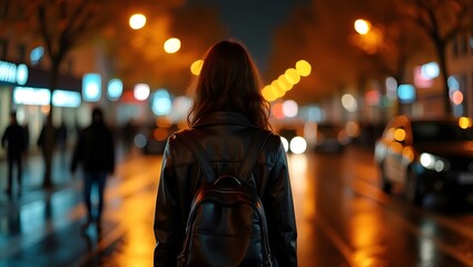 "Moody Urban Nightscape – Woman in Leather Jacket with Backpack Amidst Rainy City Lights"

