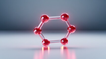 Obraz premium Abstract 3D rendering of a red hexagonal molecule structure with glowing elements against a gray background. Clean, simple, and modern