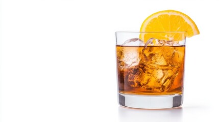 Refreshing amber beverage with ice cubes and a lemon wedge in a rocks glass against a white background
