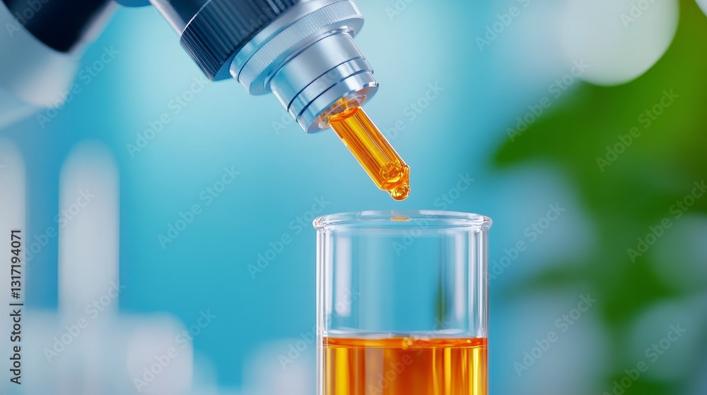 Poster amber liquid dripping from pipette into a beaker, close up view against a blurred teal and green bac