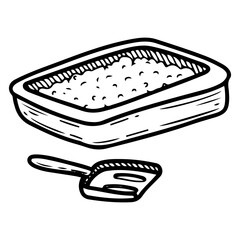 Pet toilet with filler. Hand drawn doodle. Accessory for a small dog or cat. Plastic bowl. Scoop for cleaning animal excrement. Vector line art illustration.