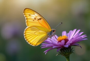 Fototapeta premium Vibrant Yellow Butterfly Pink Flower - Spring Nature Concept Soft Green Background Copy Space Seasonal Marketing Campaigns