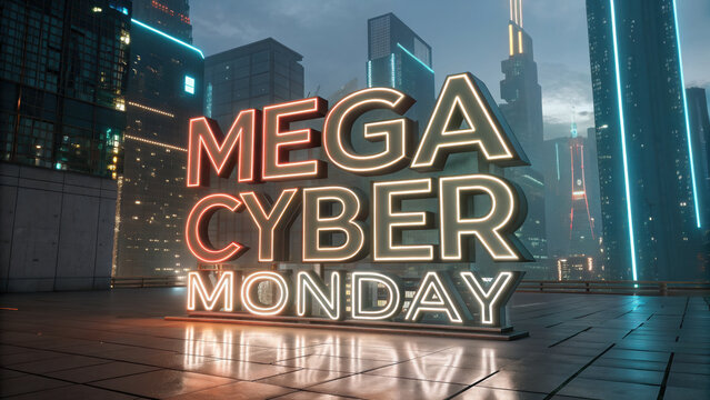 Mega Cyber Monday deals in sleek, modern cityscape with neon lights. vibrant atmosphere captures excitement of shopping events