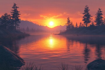 Fototapeta premium Serene sunset over a calm lake, reflecting the fiery sky and silhouetted trees.