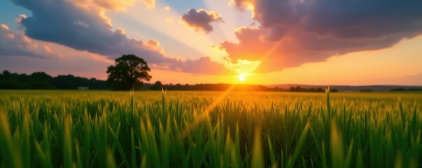 Gentle breeze rustles the blades of tall green grass as sun dips low in the horizon, sunset, countryside, landscape
