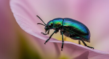 Fototapeta premium Iridescent Beetle on Pink Flower Petal Close Up Macro Shot
