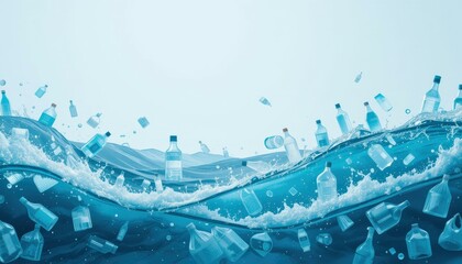 Floating Plastic Water Bottles Turquoise Waves - Modern Digital Illustration Concept Environmental Awareness Campaigns Plastic Pollution Ocean Conservation
