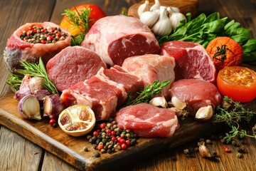 Fresh cuts of assorted meats displayed on a wooden board with herbs and vegetables, ideal for culinary use