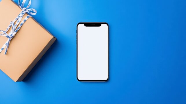 Brown gift box with twine and smartphone with blank screen on blue background. Top view flatlay product presentation