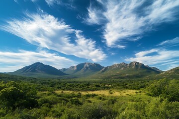 Fototapeta premium Vibrant Landscape of Rolling Green Mountains and Lush Valleys.