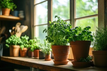 Fototapeta premium Fresh herbs in terracotta pots line a wooden shelf, soaking up sunlight that filters through large windows, enhancing a vibrant kitchen atmosphere