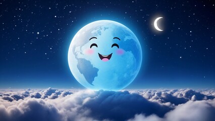 Naklejka premium A blue moon with a smiley face in the middle of the clouds.