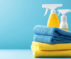 Bright yellow and blue cleaning spray bottles sit atop a stack of fluffy towels against a light blue background. Ready for spring cleaning