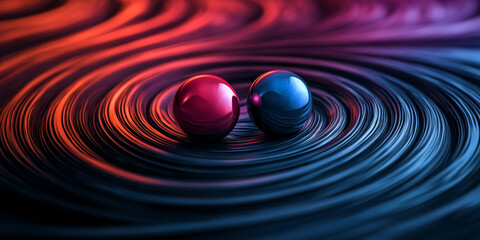 Two spheres, red and blue, rest at the center of swirling waves, creating a visually striking contrast against a vibrant background.